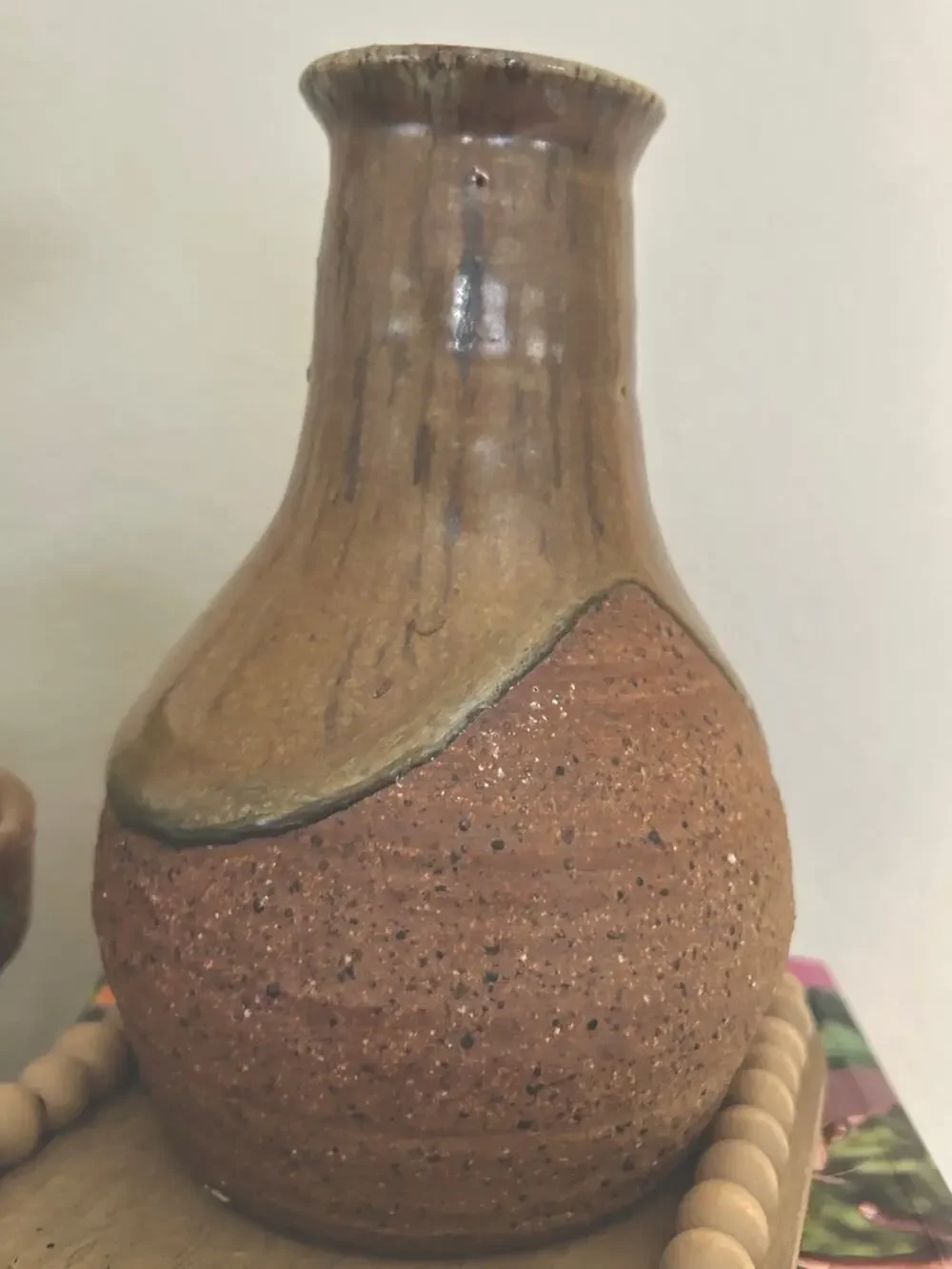 Vintage Signed Studio Pottery Vase Handmade Stoneware Rustic Brown Drip Glaze